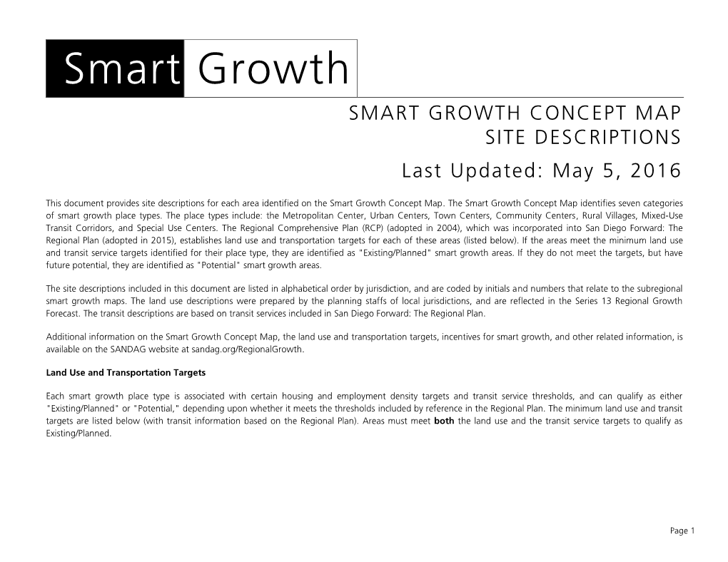 Smart Growth SMART GROWTH CONCEPT MAP SITE DESCRIPTIONS Last Updated: May 5, 2016