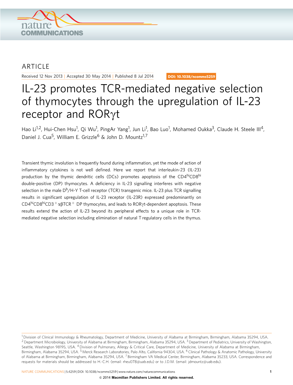 IL-23 Promotes TCR-Mediated Negative Selection of Thymocytes Through the Upregulation of IL-23 Receptor and Rorgt