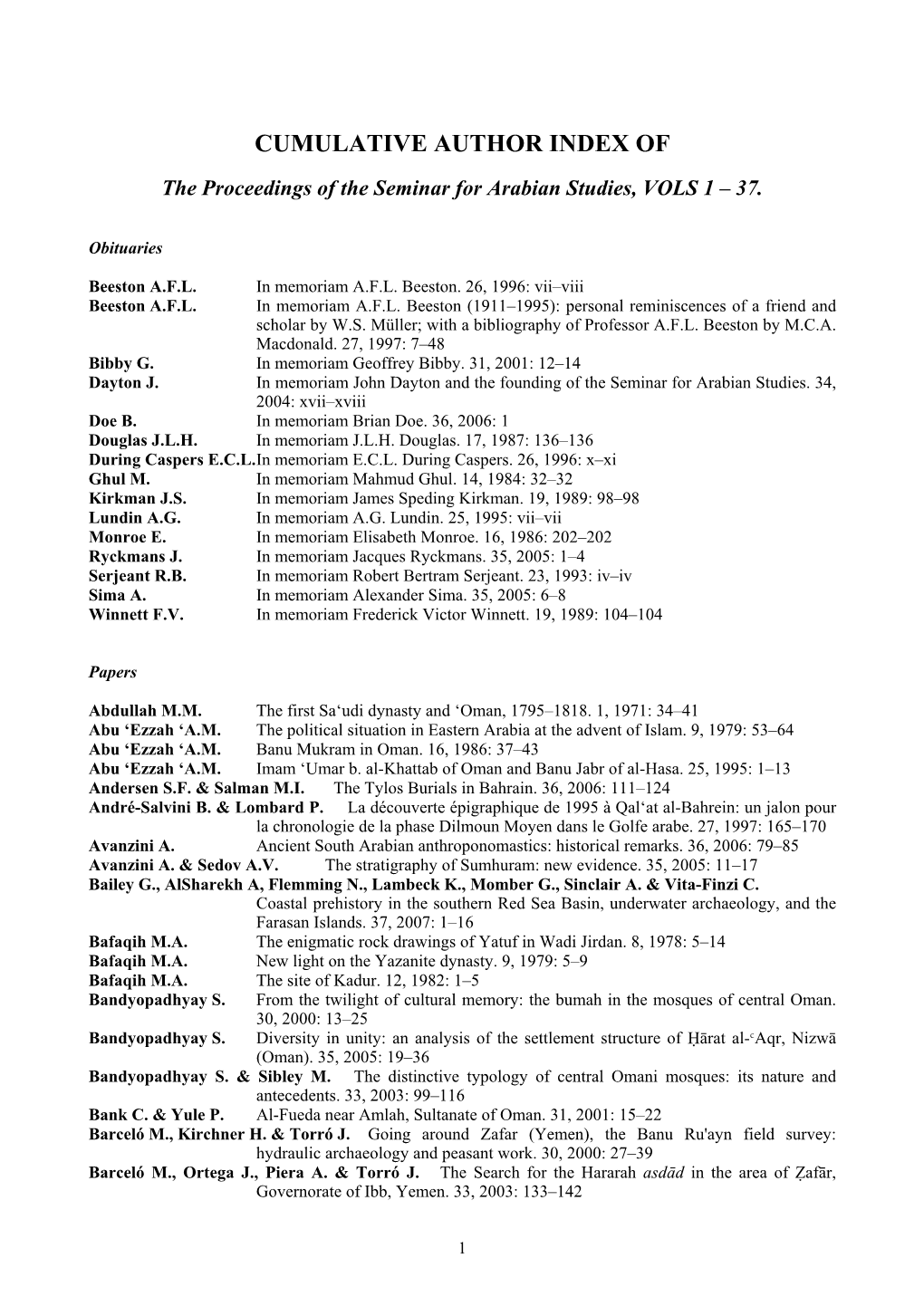 CUMULATIVE AUTHOR INDEX of the Proceedings of the Seminar for Arabian Studies, VOLS 1 – 37