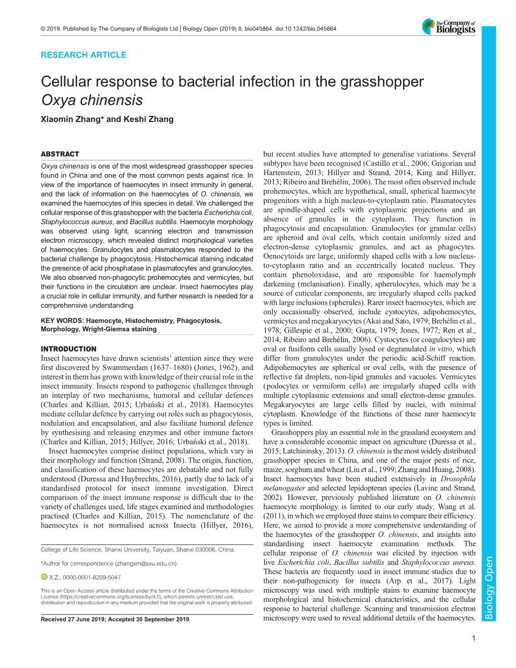 Cellular Response to Bacterial Infection in the Grasshopper &lt;Italic
