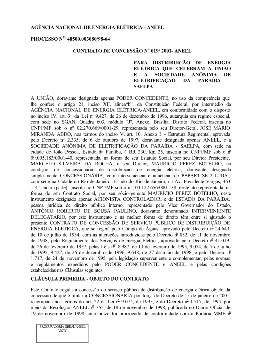 CONTRATO DE CONCESSÃO No 019/ 2001- ANEEL