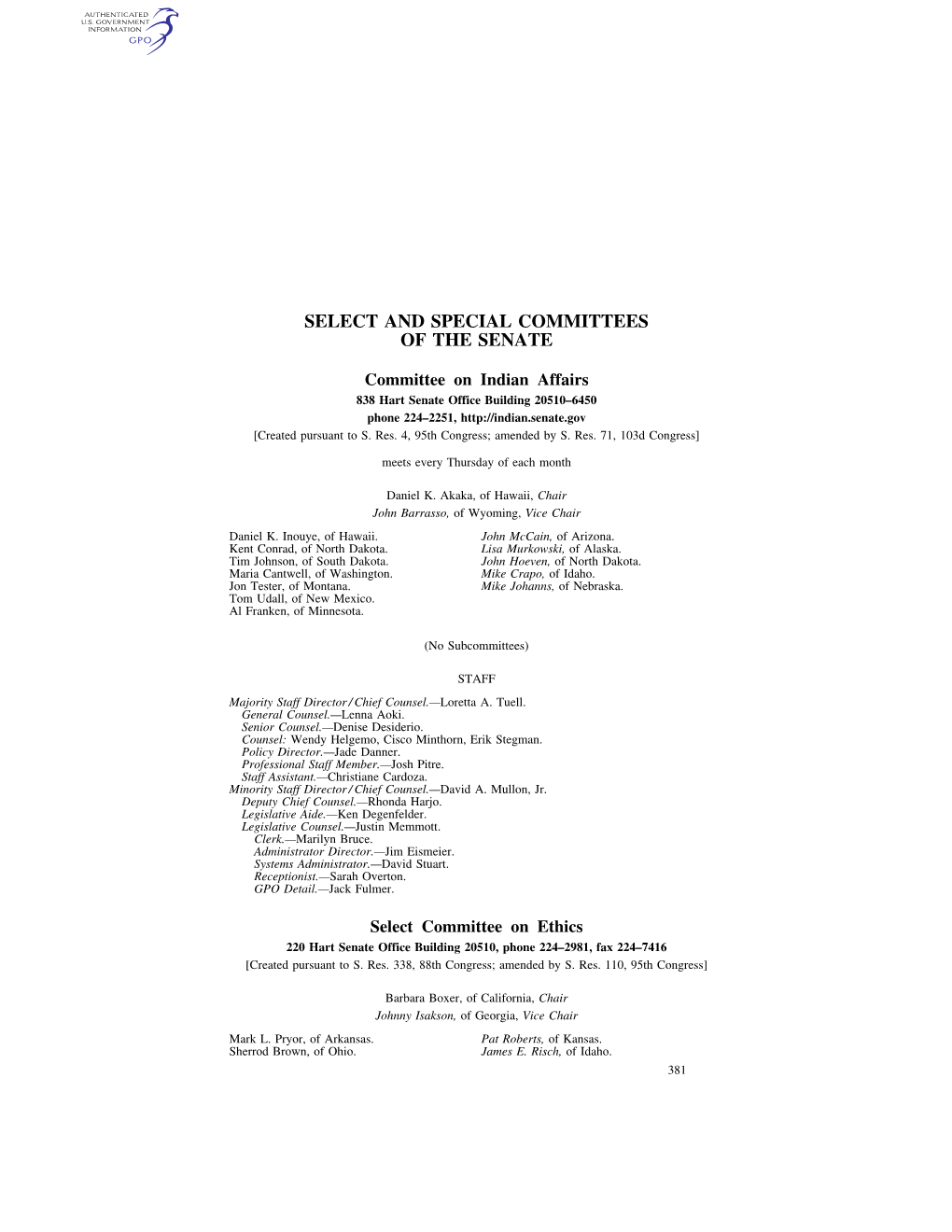 Select and Special Committees of the Senate