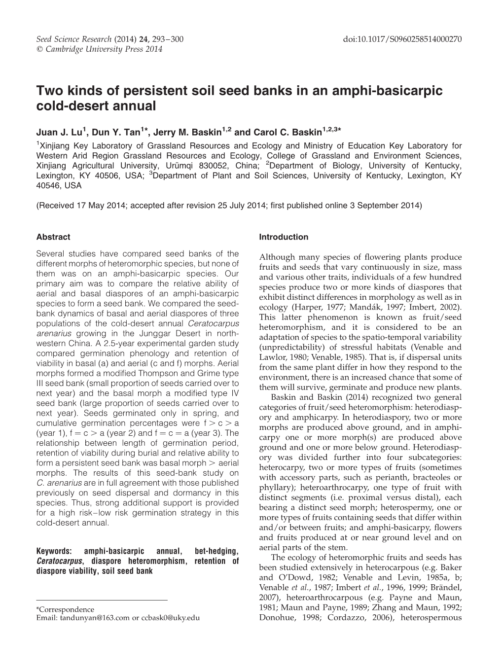 Two Kinds of Persistent Soil Seed Banks in an Amphi-Basicarpic Cold-Desert Annual