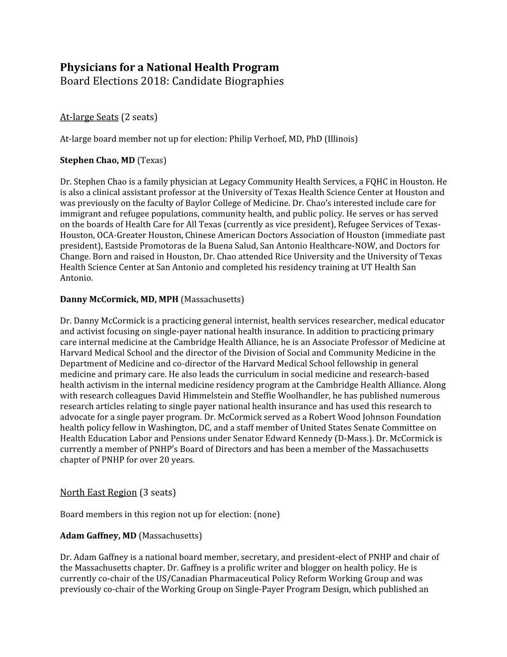 Physicians for a National Health Program Board Elections 2018: Candidate Biographies