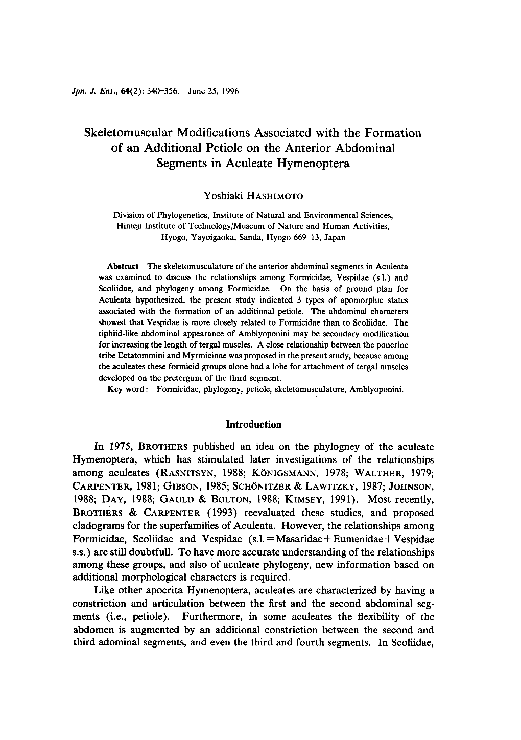 Skeletomuscular Modifications Associated with the Formation of an Additional Petiole on the Anterior Abdominal Segments in Aculeate Hymenoptera