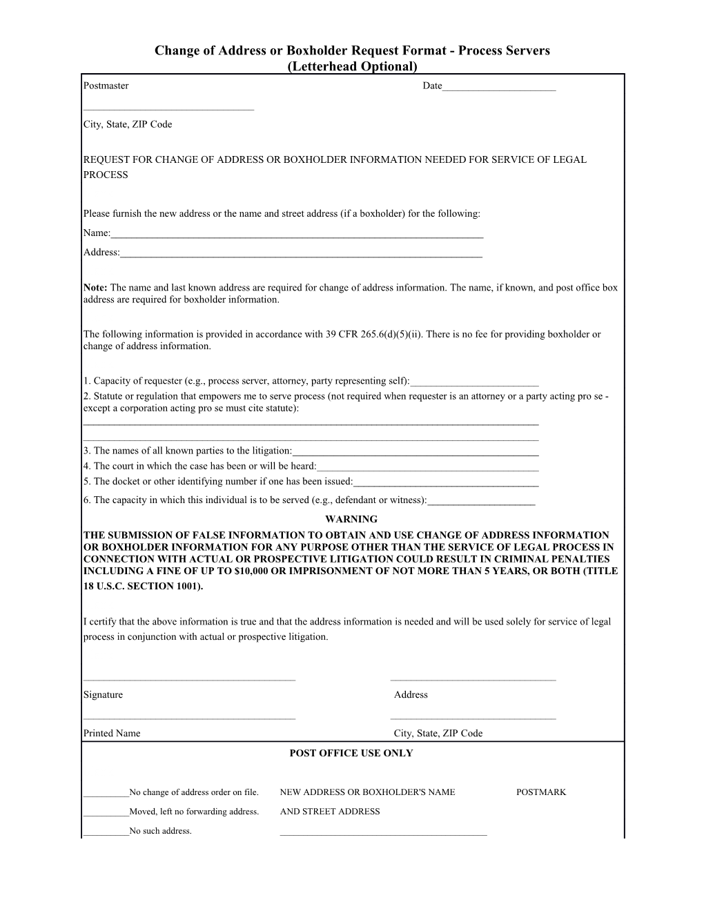 Change of Address Or Boxholder Request Format - Process Servers