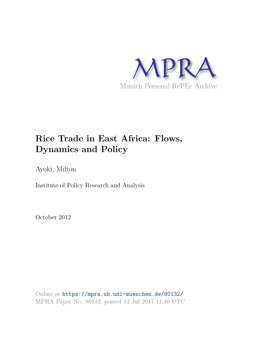 Trade and Policy in Rice Sector in Uganda
