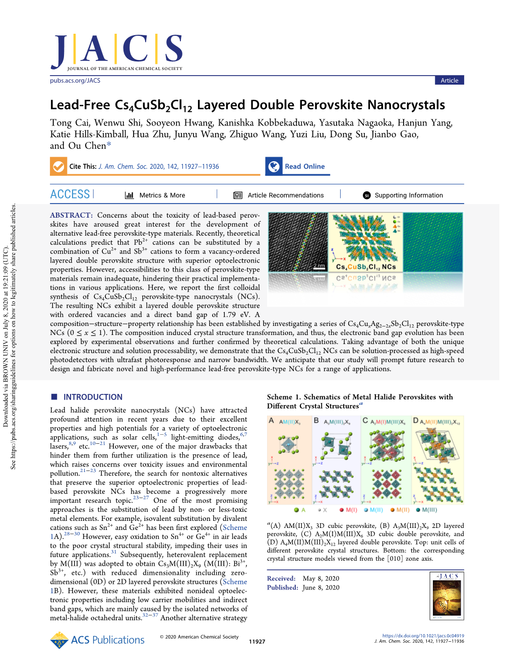 Lead-Free Cs4cusb2cl12 Layered Double Perovskite Nanocrystals