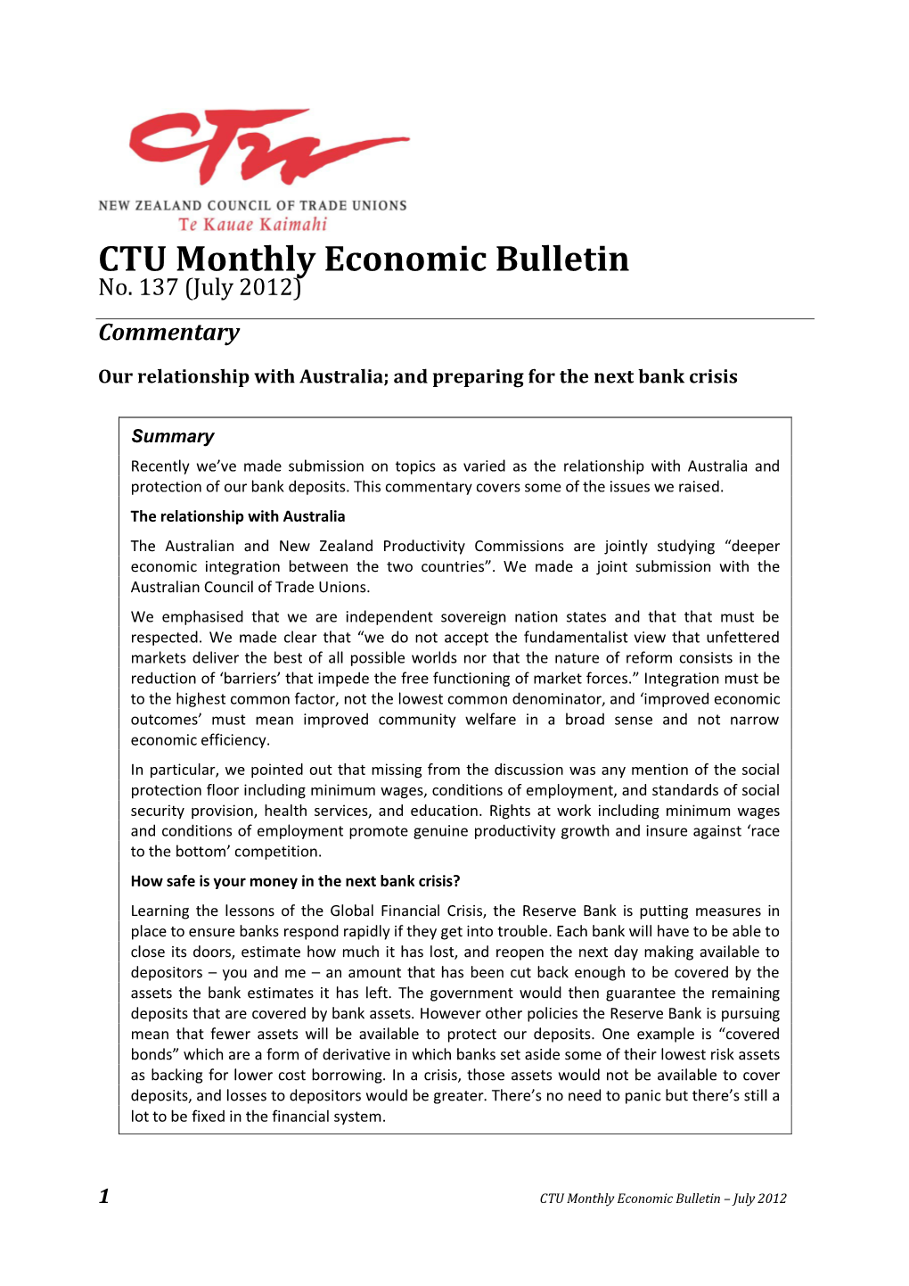 CTU Monthly Economic Bulletin No