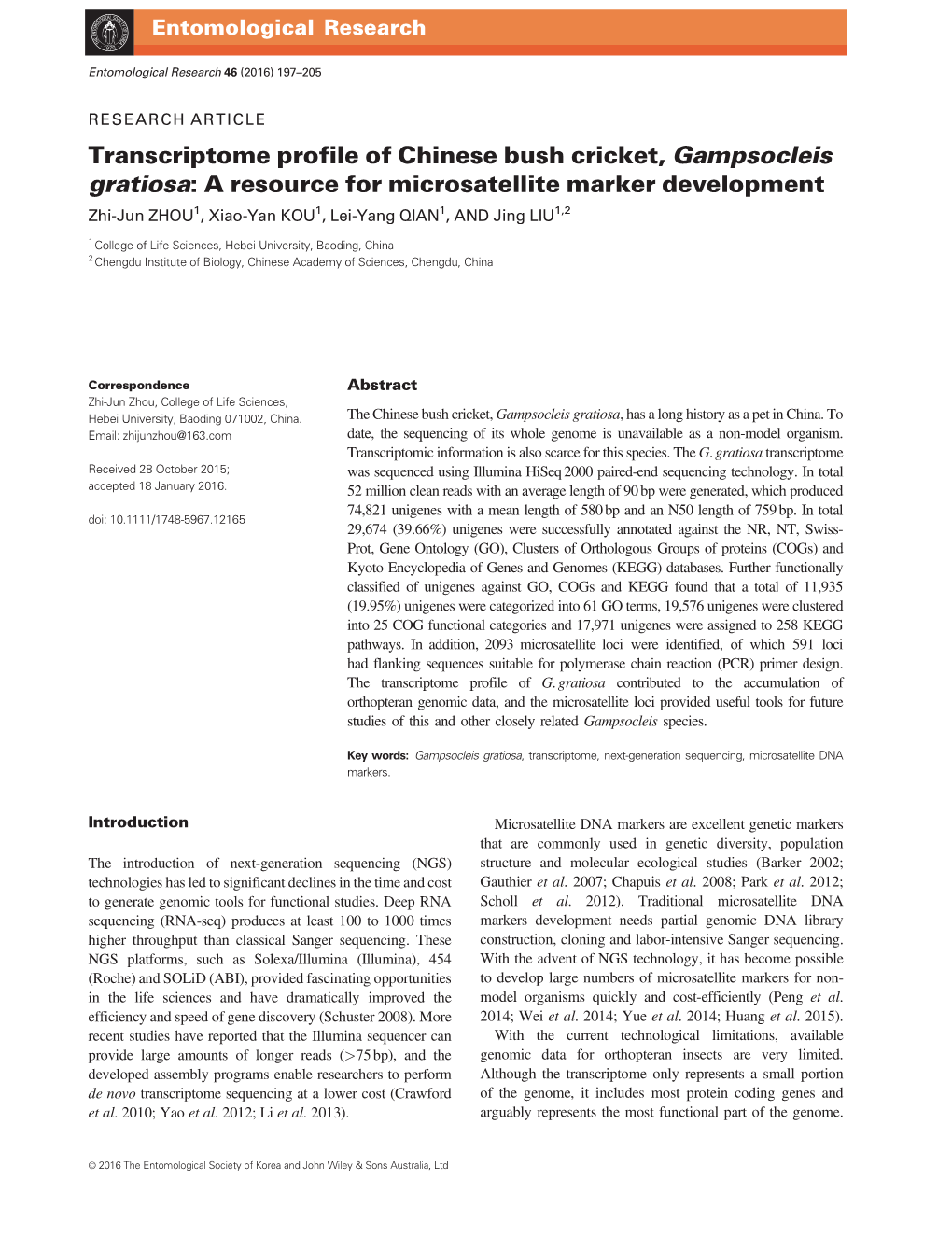 Transcriptome Profile of Chinese Bush Cricket, Gampsocleis Gratiosa: A