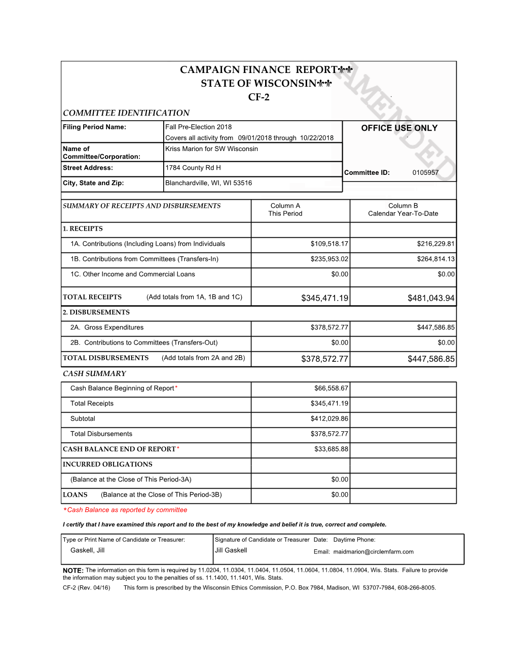 Campaign Finance Report State of Wisconsin Cf-2