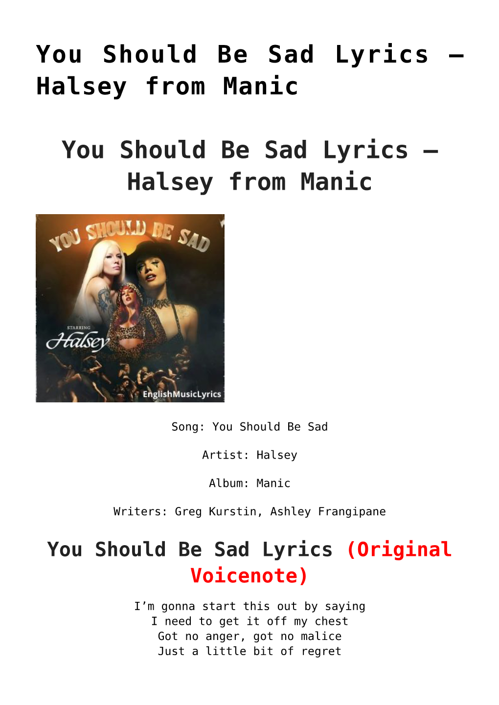 You Should Be Sad Lyrics &#8211; Halsey from Manic