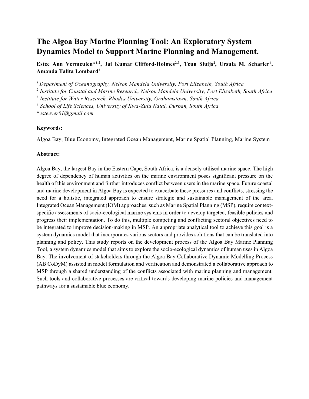 The Algoa Bay Marine Planning Tool: an Exploratory System Dynamics Model to Support Marine Planning and Management