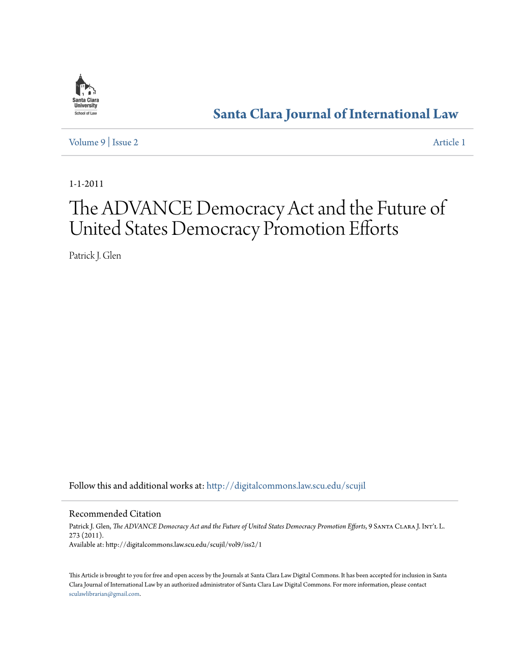 The ADVANCE Democracy Act and the Future of United States Democracy Promotion Efforts Patrick J