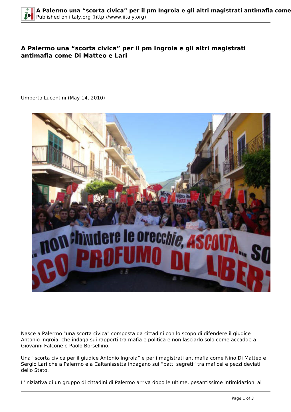 A Palermo Una “Scorta Civica” Per Il Pm Ingroia E Gli Altri Magistrati Antimafia Come Di Matteo E Lari Published on Iitaly.Org (