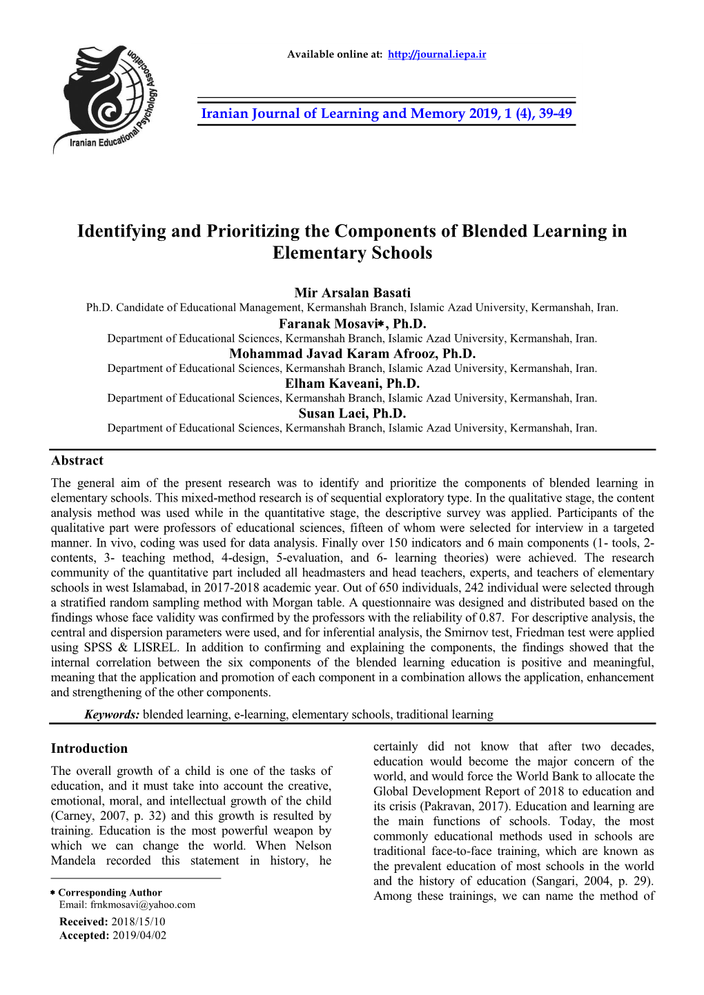 Identifying and Prioritizing the Components of Blended Learning in Elementary Schools