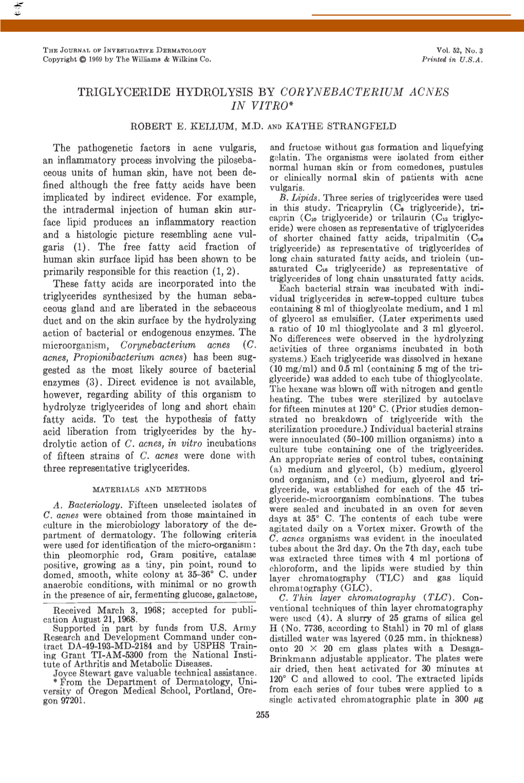 Triglyceride Hydrolysis by Corynebacterium Acnes in Vitro