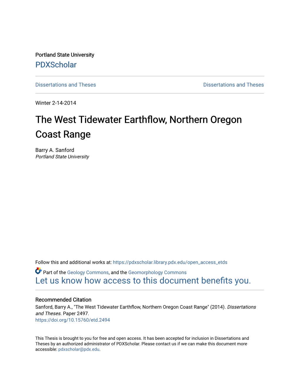 The West Tidewater Earthflow, Northern Oregon Coast Range