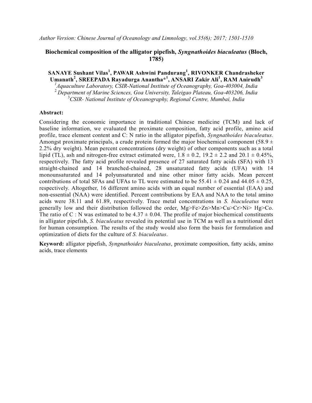 Biochemical Composition of the Alligator Pipefish, Syngnathoides Biaculeatus (Bloch, 1785)