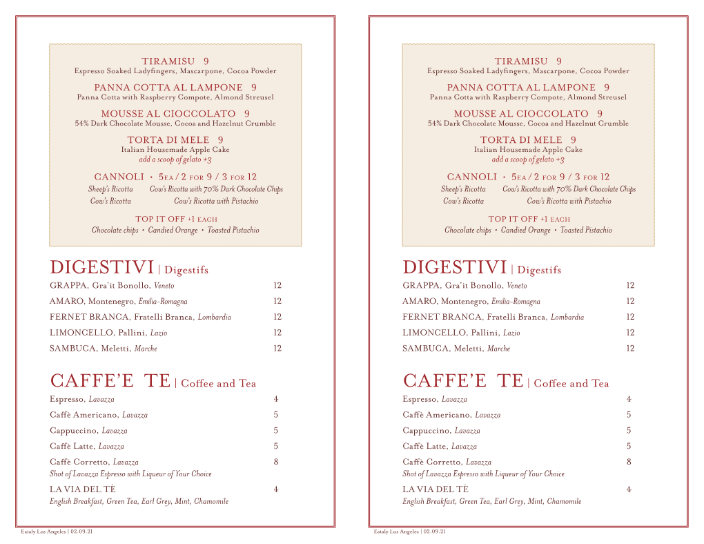 Coffee and Tea DIGESTIVI| Digestifs CAFFE'e TE