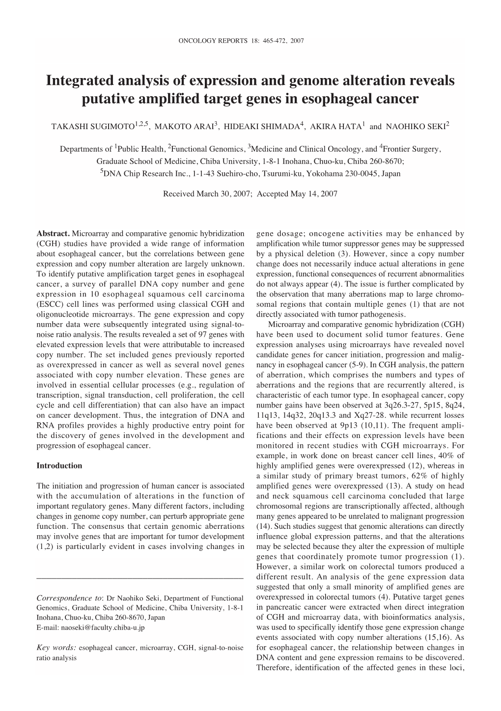 Integrated Analysis of Expression and Genome Alteration Reveals Putative Amplified Target Genes in Esophageal Cancer