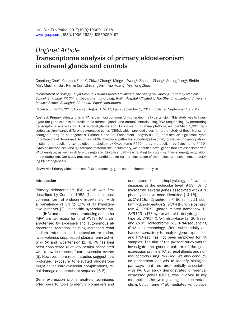 Original Article Transcriptome Analysis of Primary Aldosteronism in Adrenal Glands and Controls