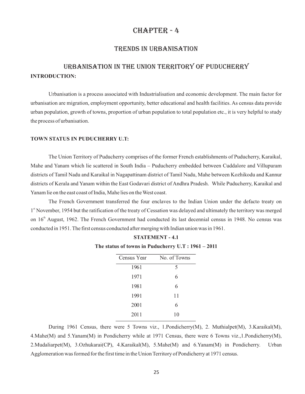 Chapter 4 (Trends in Urbanisation: Urbanisation in the Union Territory of Puducherry