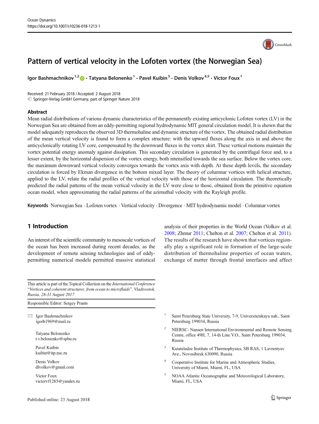 Pattern of Vertical Velocity in the Lofoten Vortex (The Norwegian Sea)