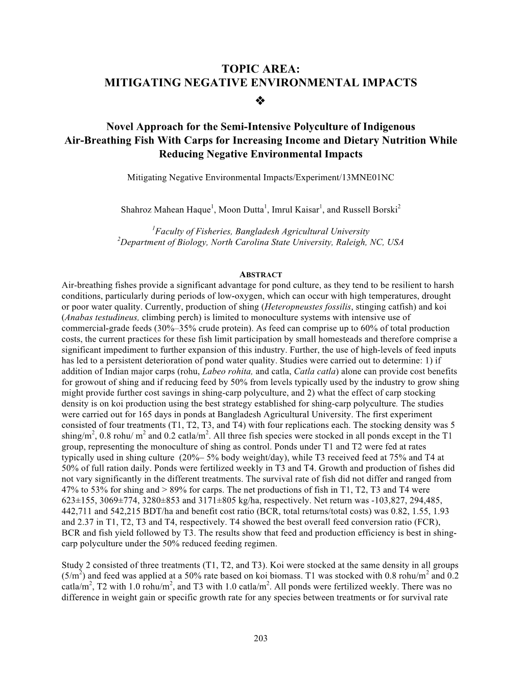 TOPIC AREA: MITIGATING NEGATIVE ENVIRONMENTAL IMPACTS V