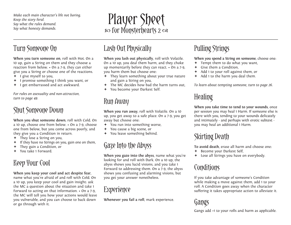 Player Sheet  for Monsterhearts 2 