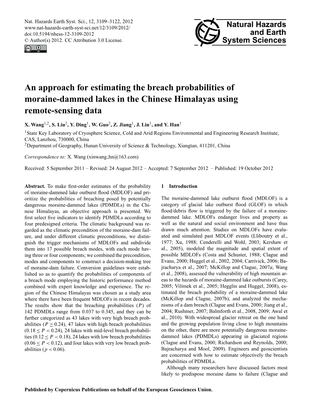 An Approach for Estimating the Breach Probabilities of Moraine-Dammed Lakes in the Chinese Himalayas Using Remote-Sensing Data