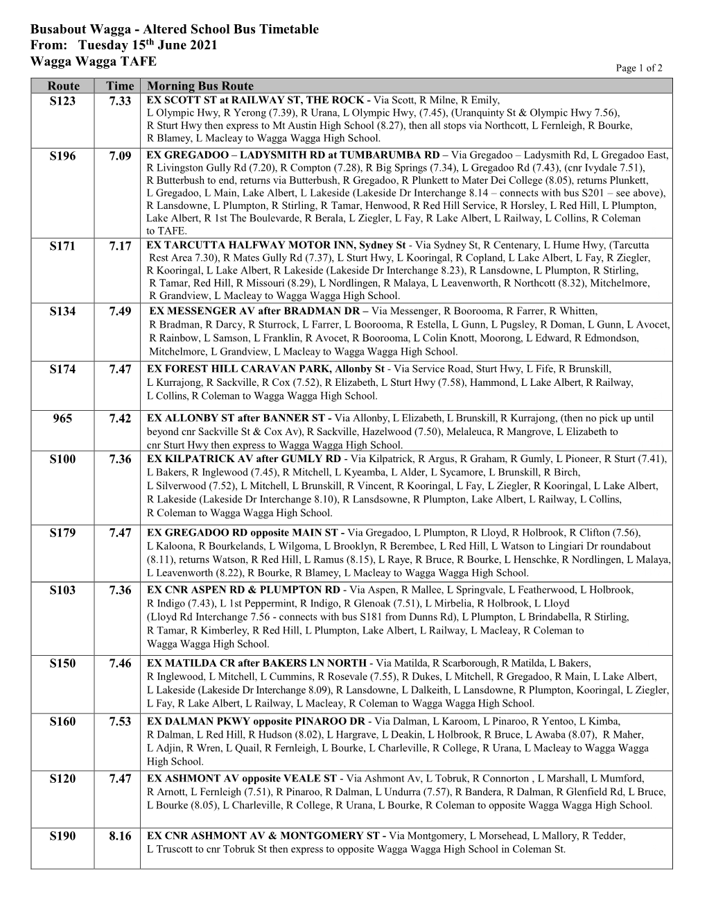 Altered School Bus Timetable From: Tuesday 15Th June 2021 Wagga Wagga TAFE Page 1 of 2