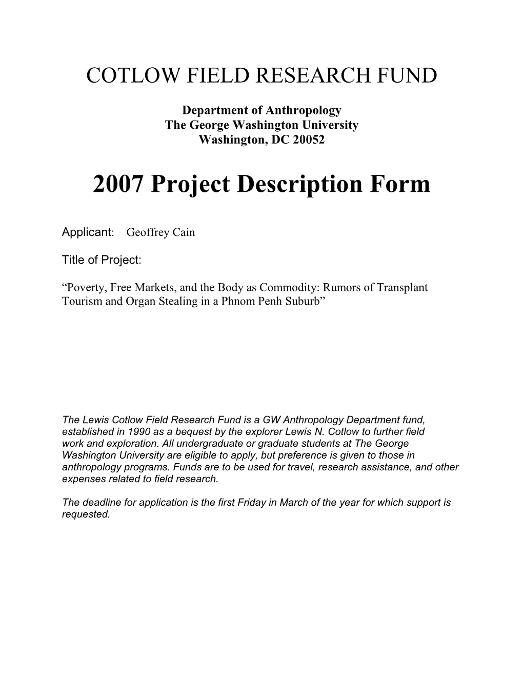 Transplant Tourism Rumors Cotlow Proposal