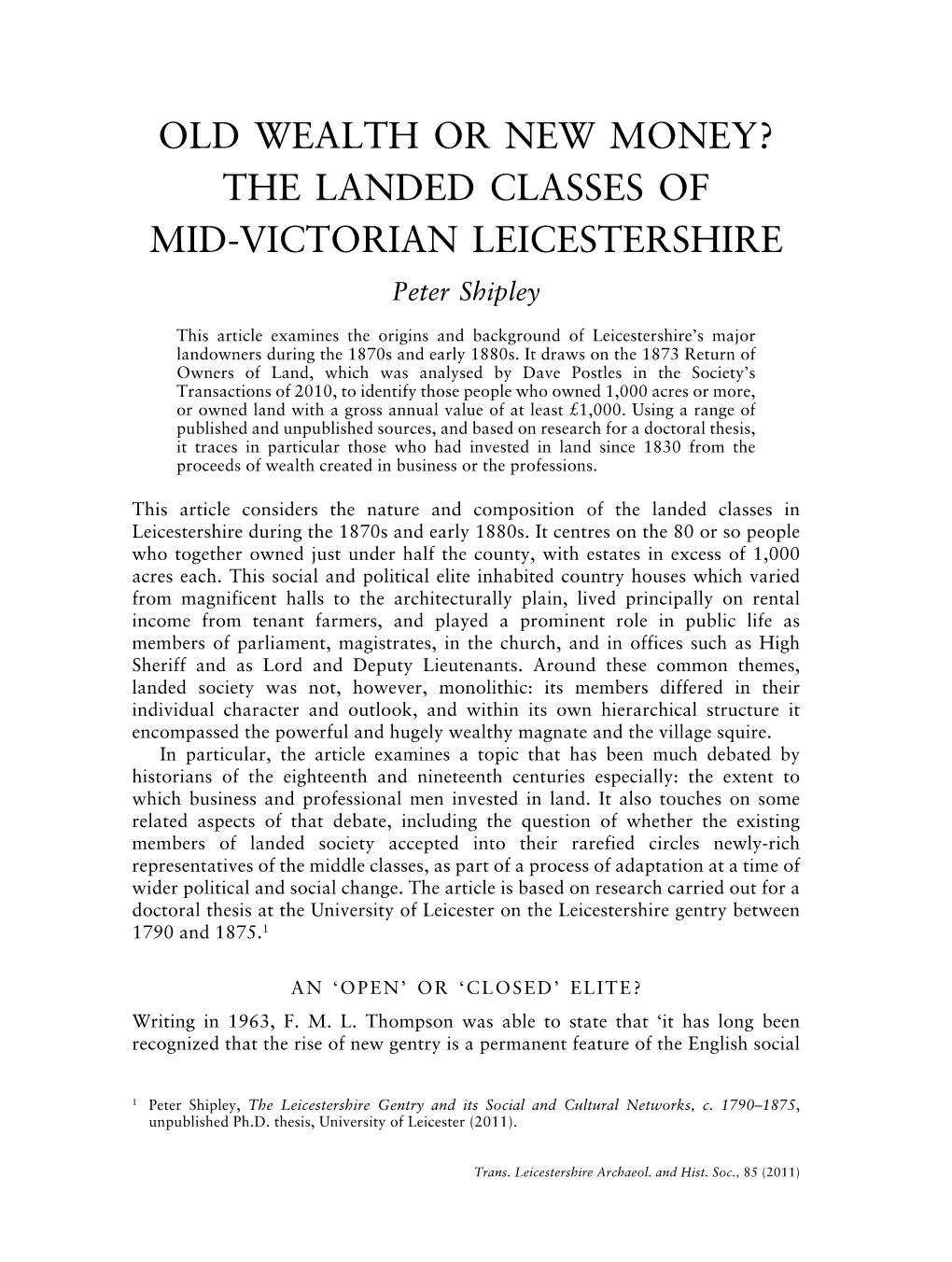 THE LANDED CLASSES of MID-VICTORIAN LEICESTERSHIRE Peter Shipley