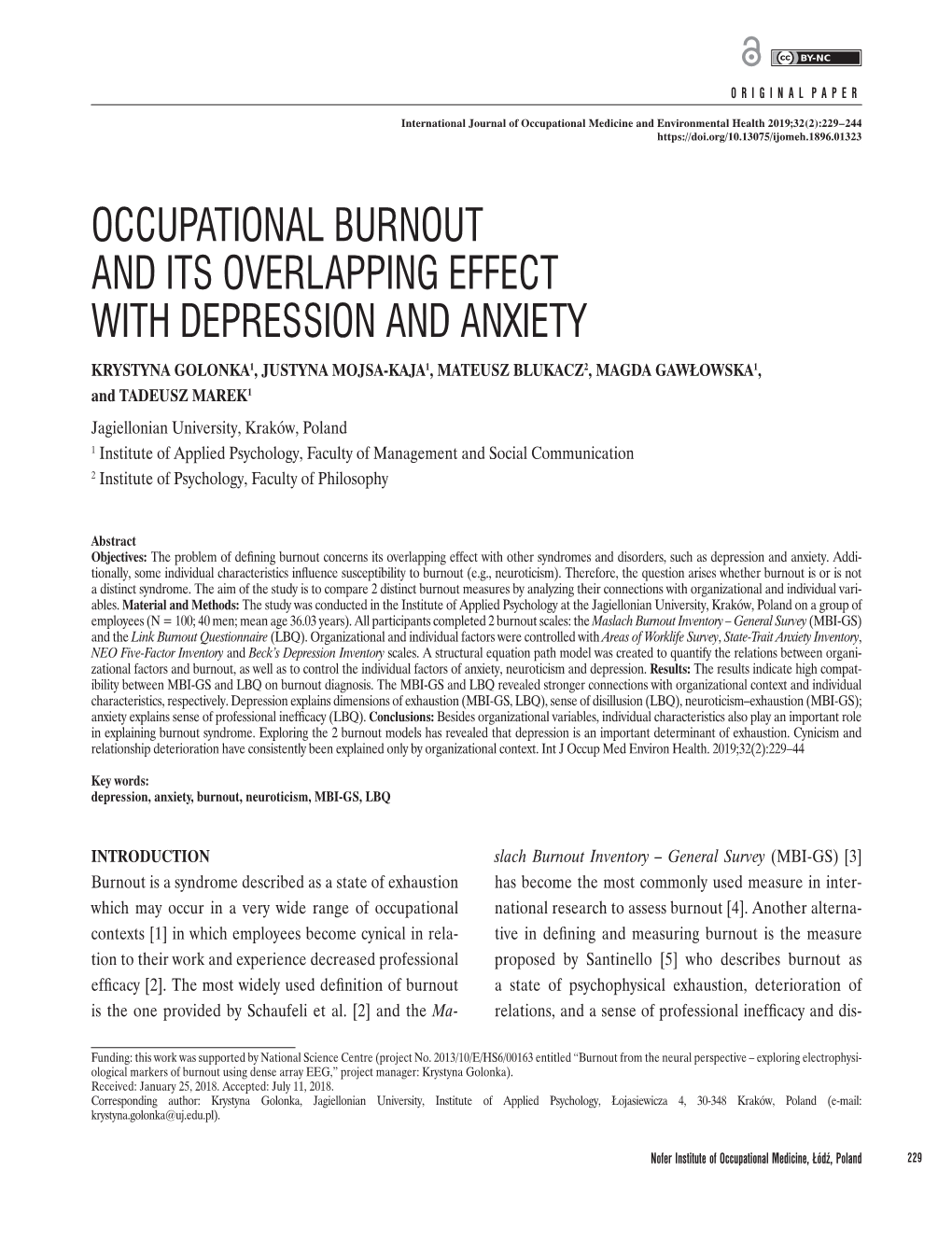 Occupational Burnout and Its Overlapping Effect with Depression and Anxiety