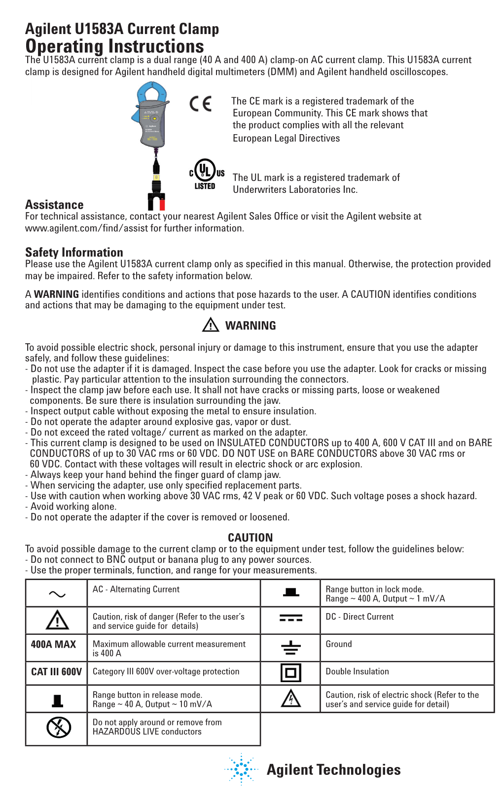 Operating Instructions the U1583A Current Clamp Is a Dual Range (40 a and 400 A) Clamp-On AC Current Clamp