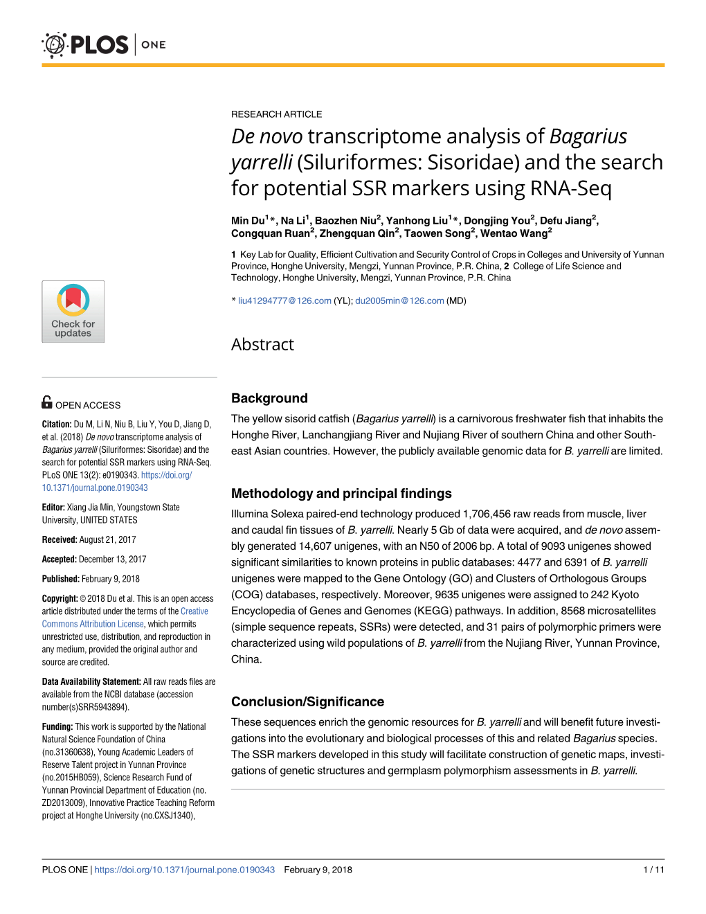 De Novo Transcriptome Analysis of Bagarius Yarrelli (Siluriformes: Sisoridae) and the Search for Potential SSR Markers Using RNA-Seq