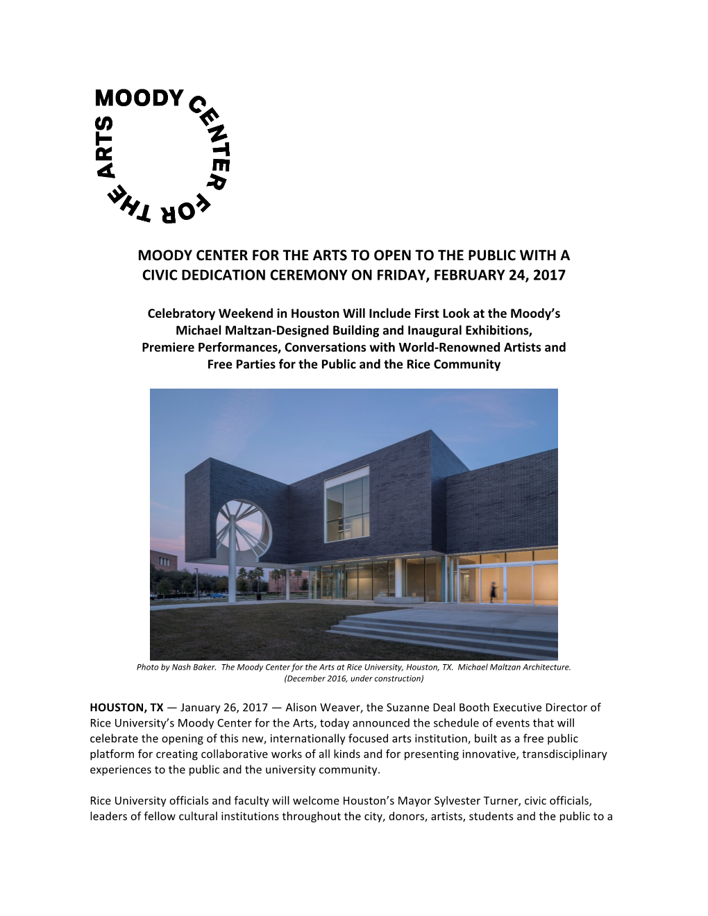 Moody Center for the Arts to Open to the Public with a Civic Dedication Ceremony on Friday, February 24, 2017