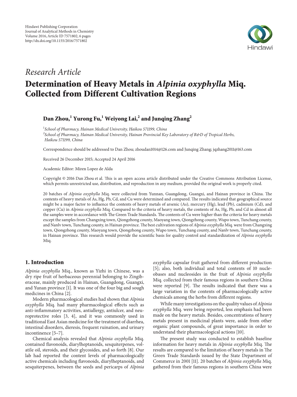 Research Article Determination of Heavy Metals in Alpinia Oxyphylla Miq