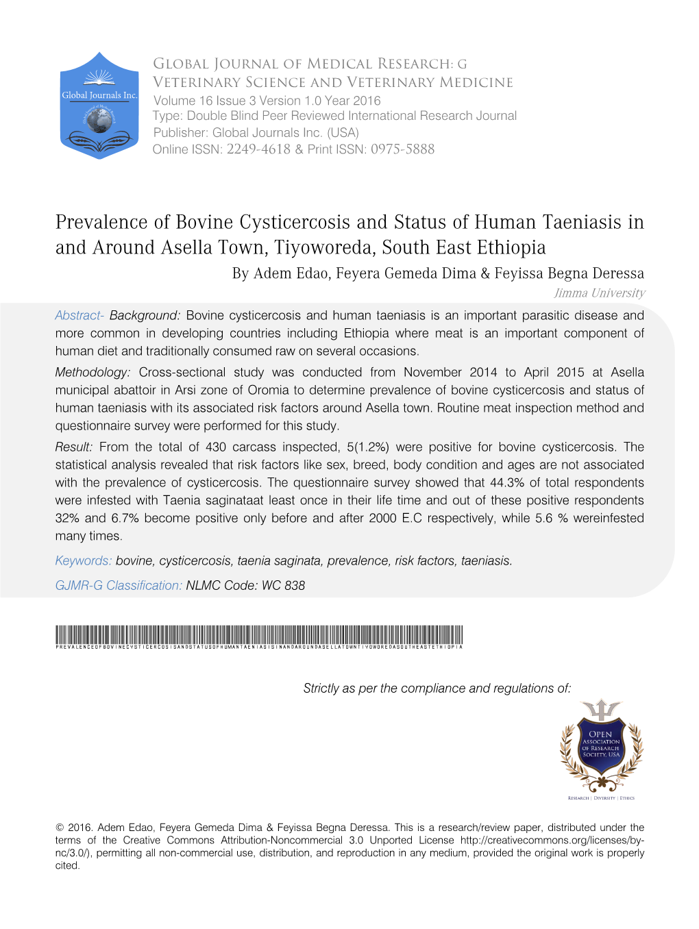 Prevalence of Bovine Cysticercosis and Status of Human Taeniasis In