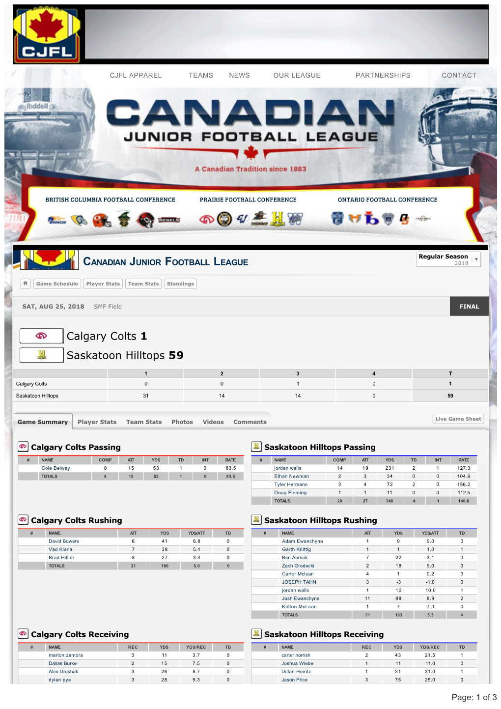 Calgary Colts V.S. Saskatoon Hilltops