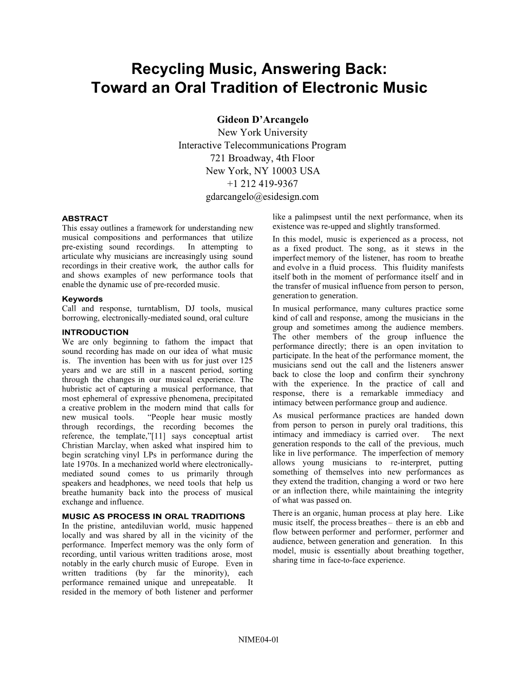 Recycling Music, Answering Back: Toward an Oral Tradition of Electronic Music