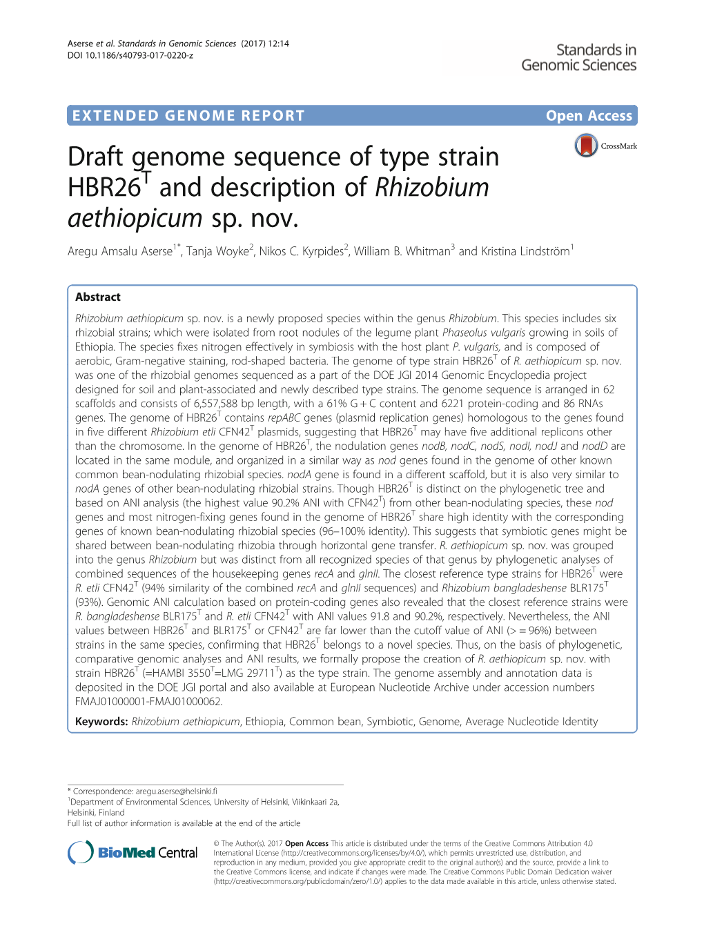 Draft Genome Sequence of Type Strain HBR26T and Description of Rhizobium Aethiopicum Sp