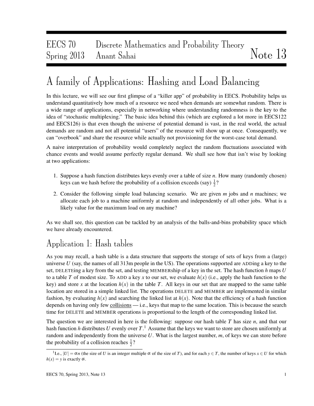 Lecture Notes #13: an Application: Hashing