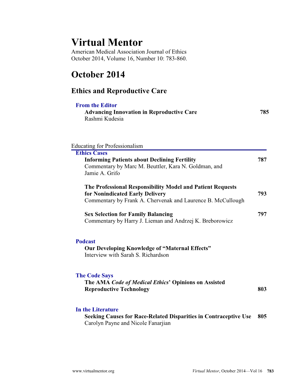 Virtual Mentor American Medical Association Journal of Ethics October 2014, Volume 16, Number 10: 783-860