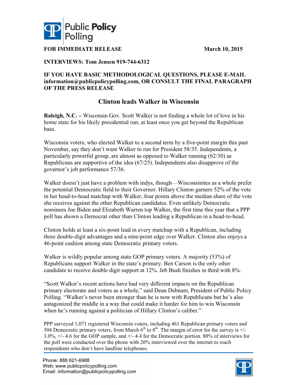 Clinton Leads Walker in Wisconsin