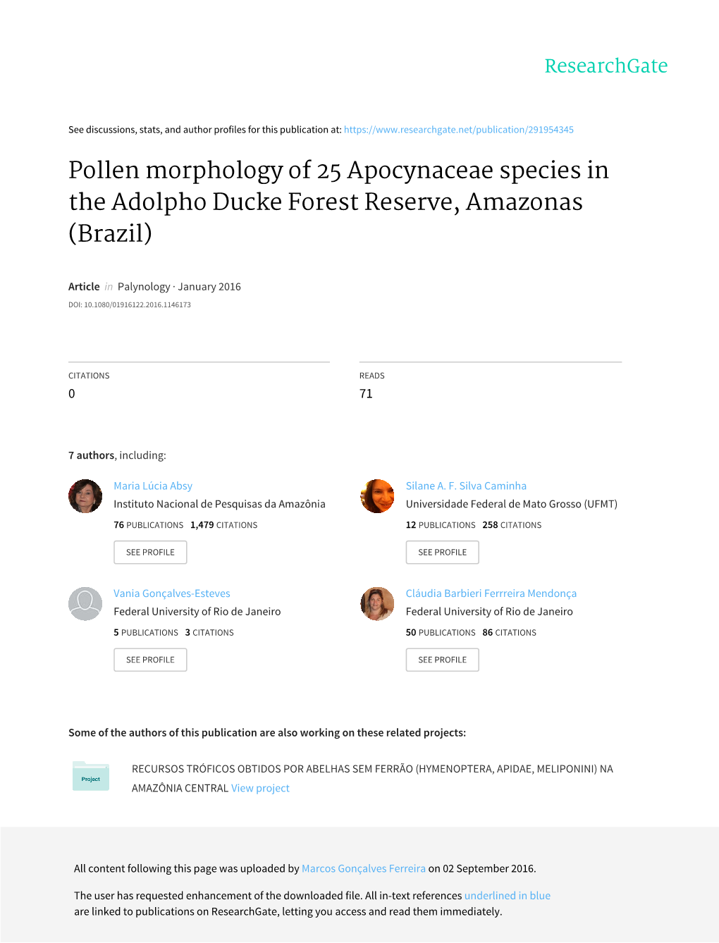 Pollen Morphology of 25 Apocynaceae Species in the Adolpho Ducke Forest Reserve, Amazonas (Brazil)