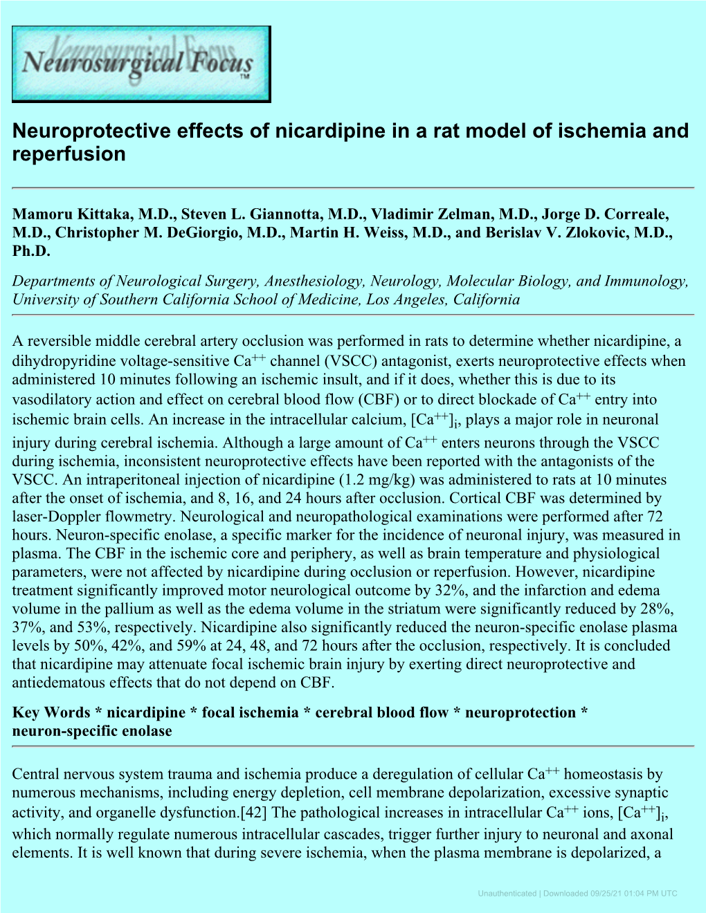 Neuroprotective Effects of Nicardipine in a Rat Model of Ischemia and Reperfusion