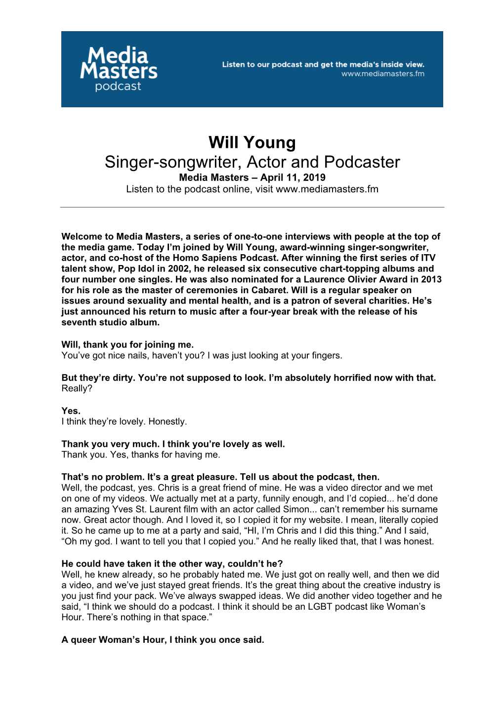 Will Young Singer-Songwriter, Actor and Podcaster Media Masters – April 11, 2019 Listen to the Podcast Online, Visit