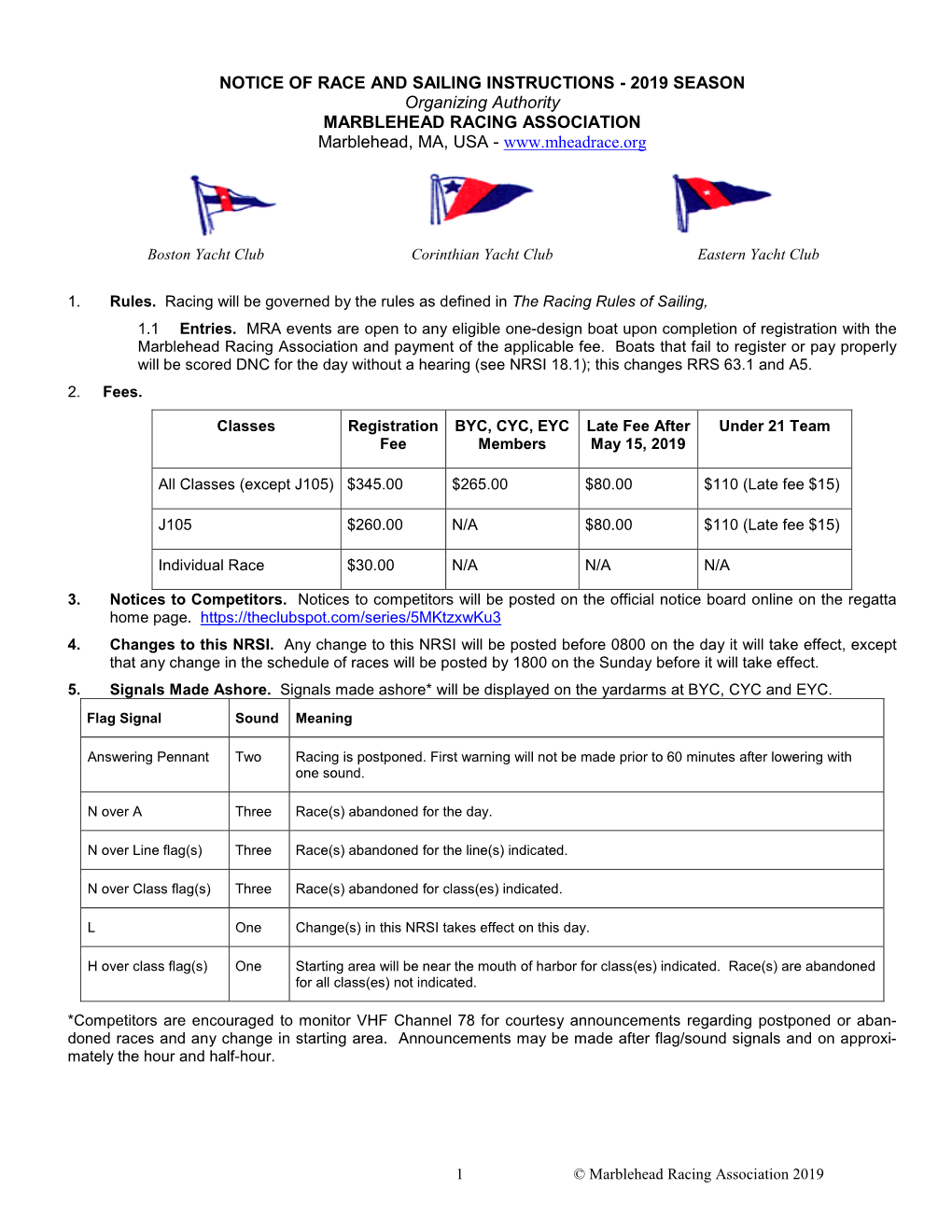 NOTICE of RACE and SAILING INSTRUCTIONS - 2019 SEASON Organizing Authority MARBLEHEAD RACING ASSOCIATION Marblehead, MA, USA